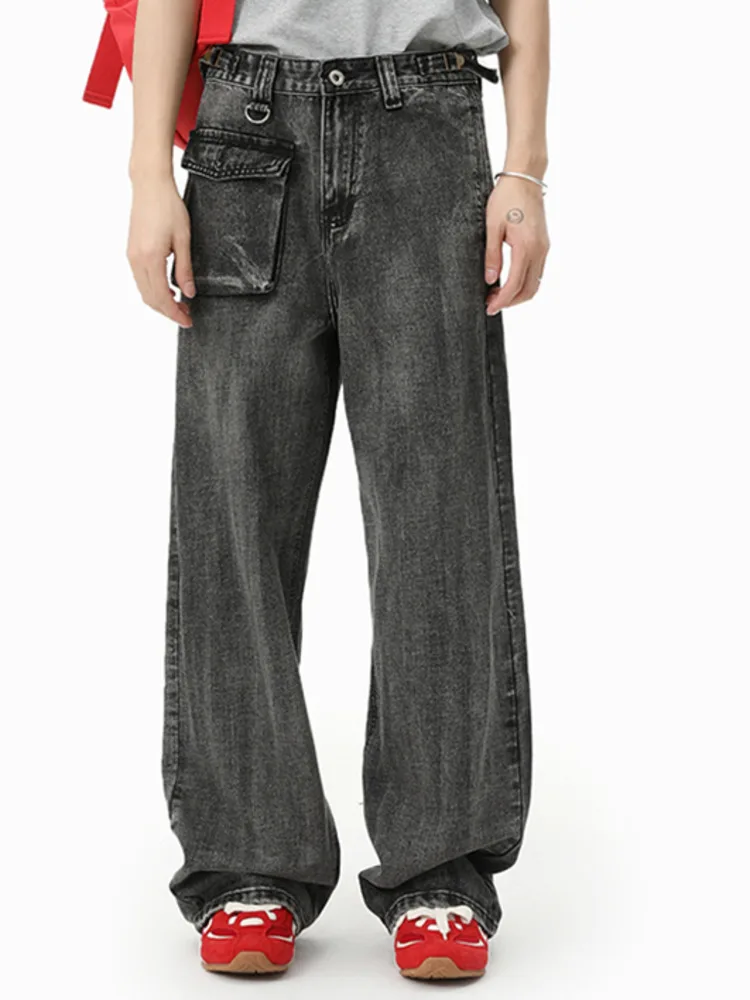 Niche Design Men's Denim Pants Solid Color Pocket Patchwork Casual Menswear All-match Straight Wide Leg Male Bottom XSV34R