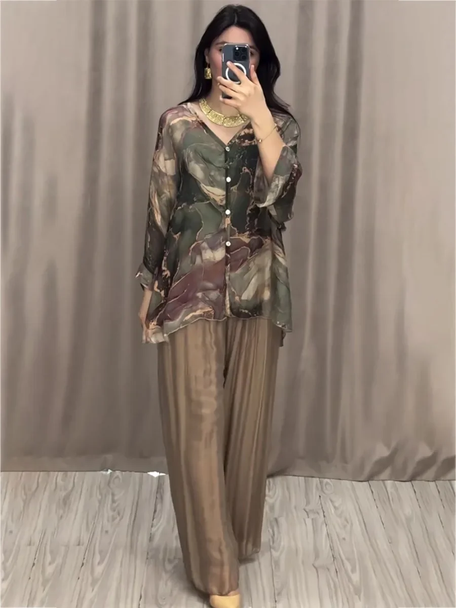 Casual Muslim Set for Women Blouse 2 Piece Set Long Sleeve Shirt Wide Leg Pant Suits Saudi Arabic Dubai Dresses Eid Ramadan 2024