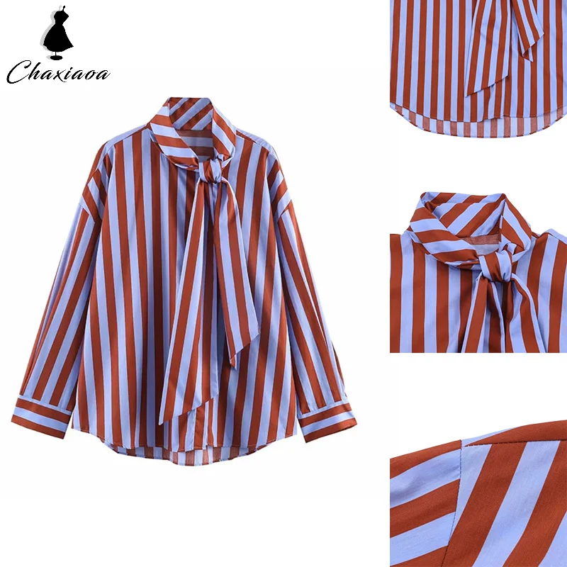 

Women Striped Tie Neck Music Festival Chic Blouse Women's Loose Fit Striped Shirt Bow Single Breasted Simple Casual Female Top