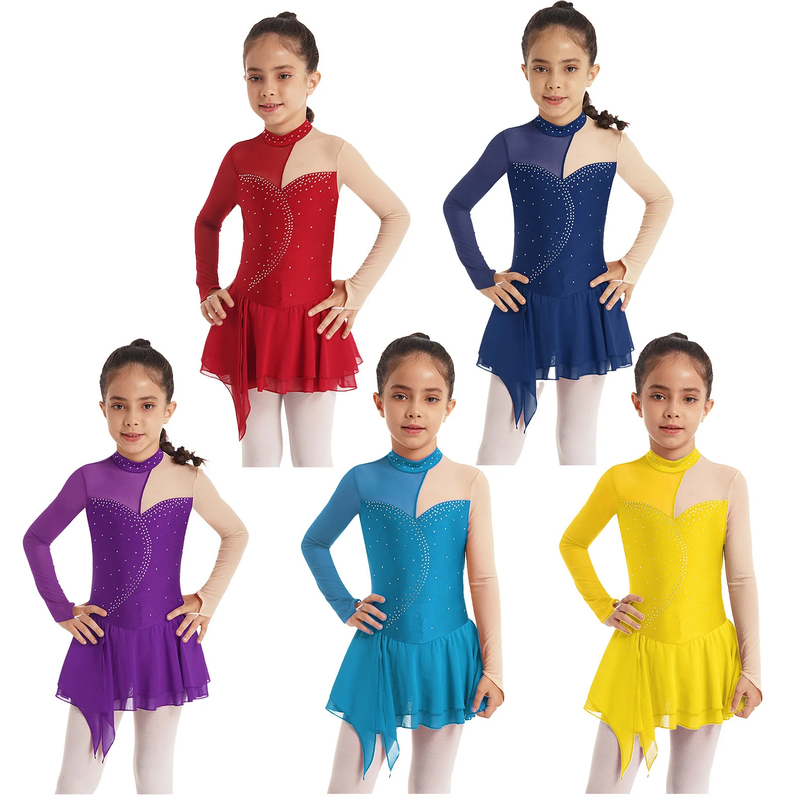 Kids Girls Ballet Dance Tutu Gymnastics Leotard Long Sleeve Figure Skating Dress Childs Shiny Rhinestone Sheer Mesh Dance Dress