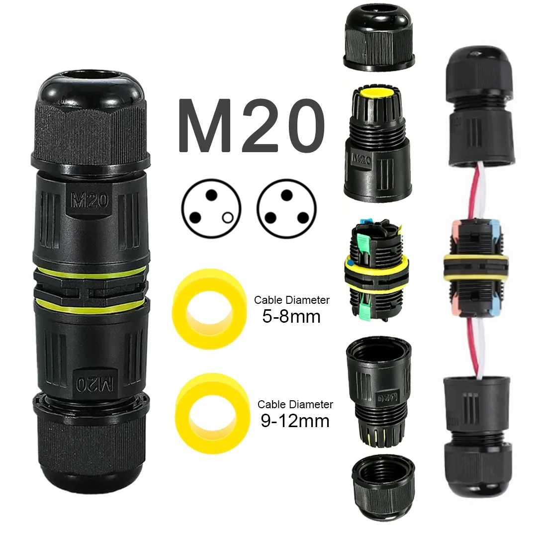 M20 IP68 Waterproof Cable Connector 2 3 Pin Inline Electrical Wire Gland Joint 5-8mm 9-12mm Outdoor Lighting Quick Plug Adapter