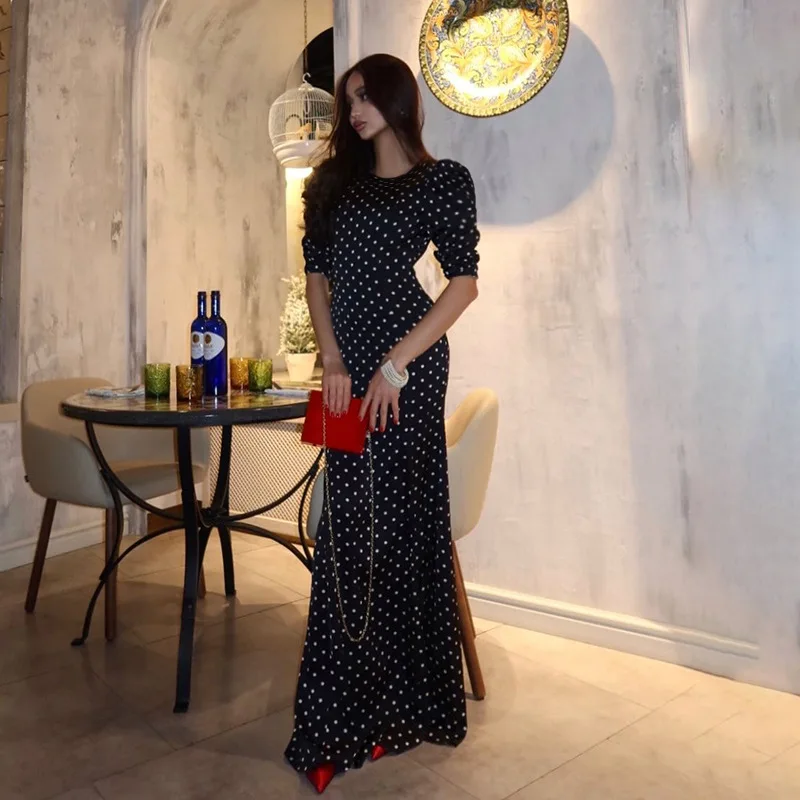 

Round Neck Polka Backless Long Sleeve Dress Women European and American Style Elegant Dress