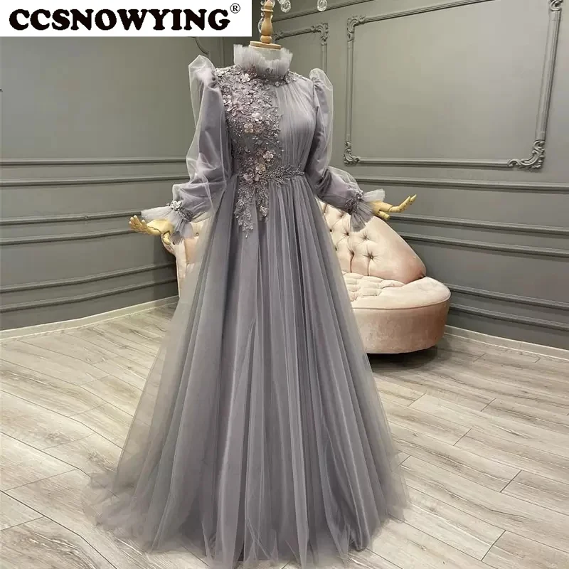 

Tulle Appliques Hijab Muslim Evening Dresses Long Sleeve High Neck Islamic Formal Party Gown Arabic Dubai Robe De Soiree