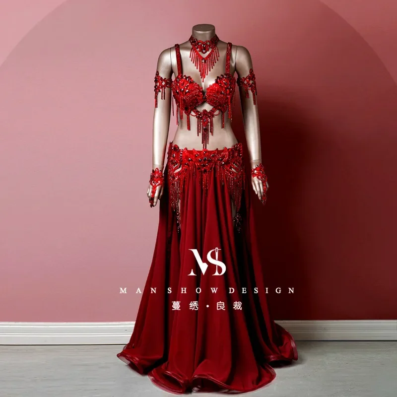 Customized Belly Dance Performance Costume Female Sexy Wine Red Rhinestone Tassel Waist Seal Large Swing Skirt Accessory Set