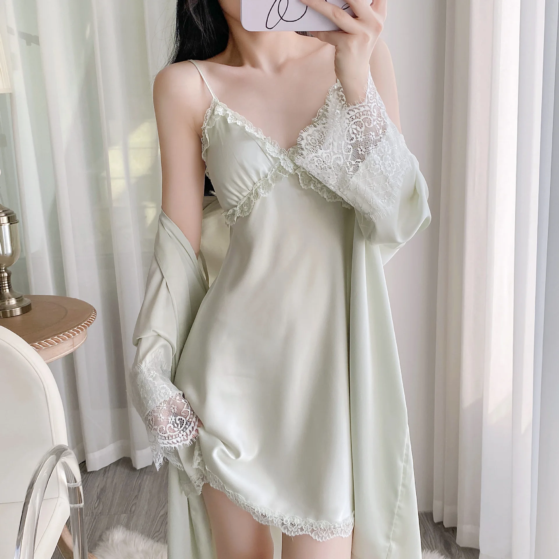 

2PCS Women V-Neck Bathrobe Gown Set Sexy Lace Kimono Robe Sleep Suit Nightshirts Loungewear Summer Sleepwear Nightgown