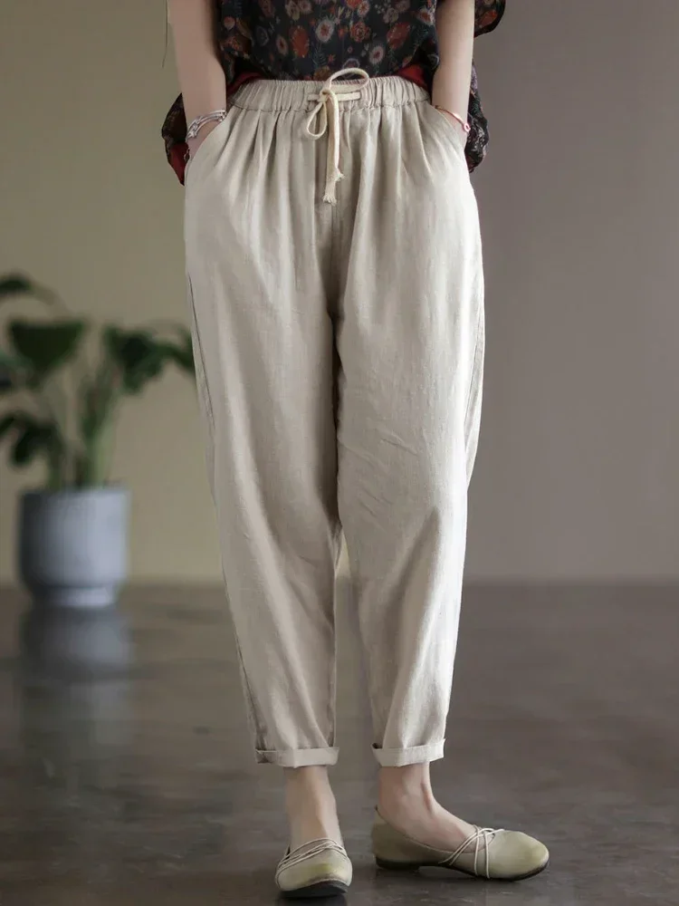 القطن الكتان سراويل تقليدية للنساء في 2024 جديد فضفاض سليم رقيقة الدانتيل متابعة الكاحل طول السراويل الرجعية مرونة الخصر سراويلي حريمي النساء #4