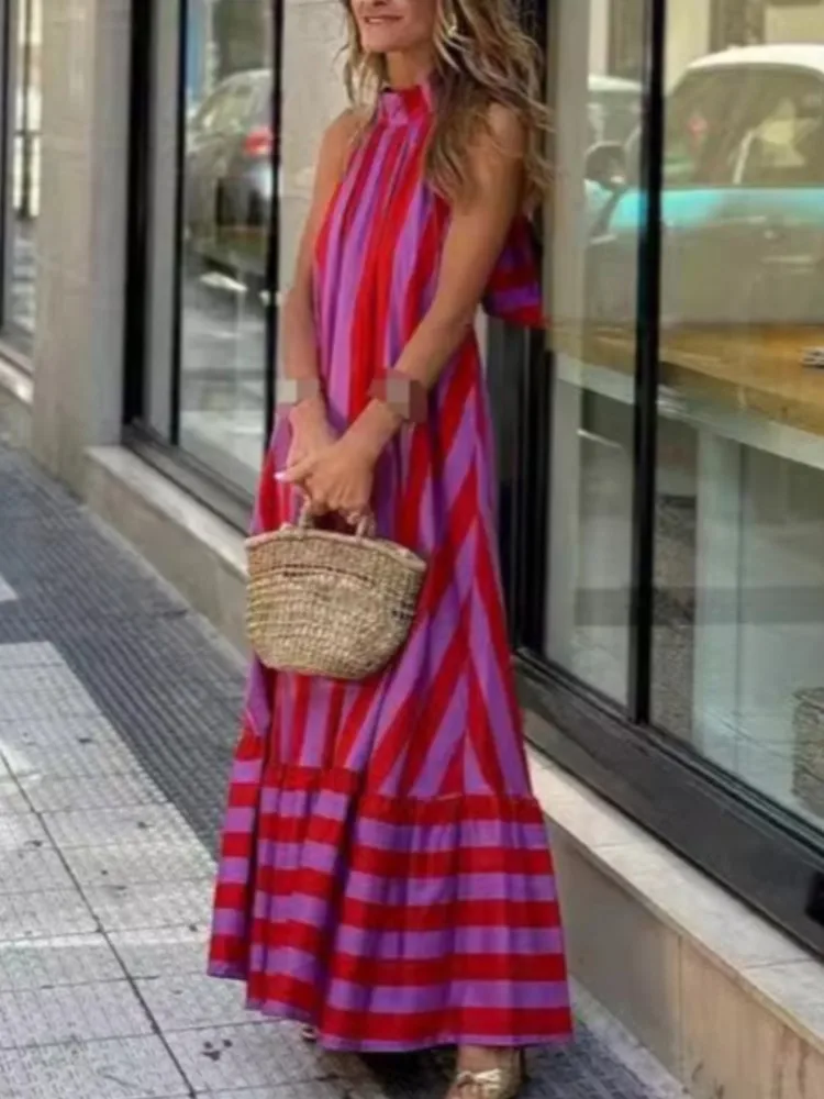 

Summer Stripe Print Halter Neck Long Dresses Women Fashion Backless Leace-up Casual Loose Vacation Lady Sleeveless Long Dress