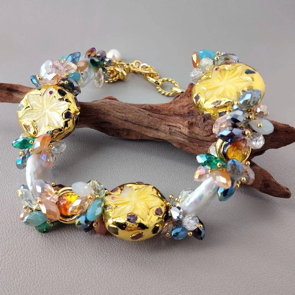 yygem  18x22mm Freshwater White Keshi Pearl 30mm Yellow Shell Flower Murano Glass Multi Color Crystal Statement Necklace - view 2