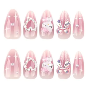 24片裝短杏仁形美甲貼片,粉紅Hello Kitty水鑽3D蝴蝶結白色珍珠愛心設計壓克力假指甲片 8 最佳銷售 Hello Kitty 假指甲 - №2