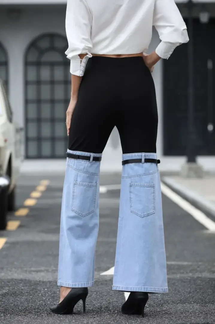 Women\'s Autumn New Fashion Knit Elastic Waist Patchwork Denim Wide-leg Pants, Temperament Commuter Casual Slim-fit Long Pants