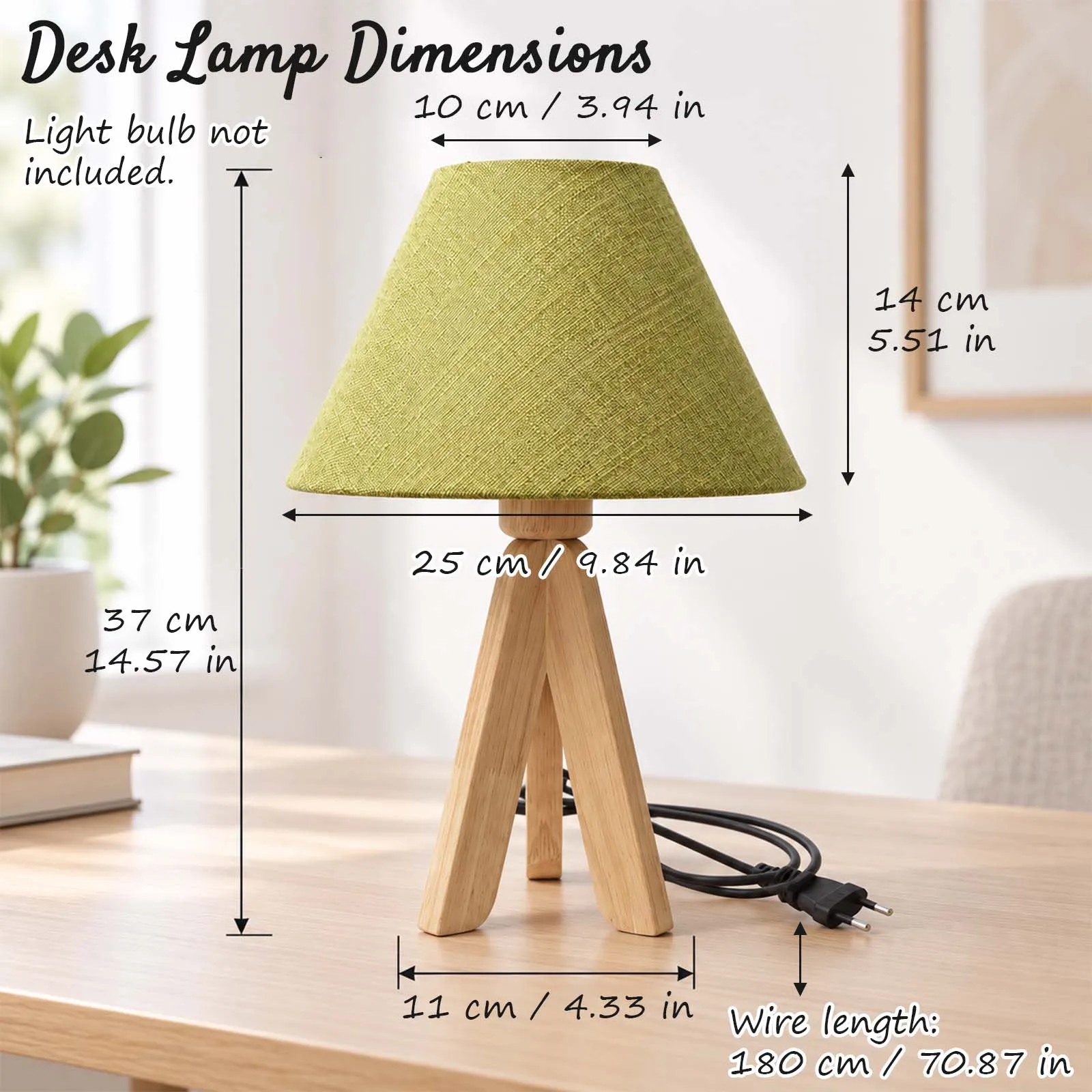 Nordic Table Lamp Olive Green Linen Shade Wooden Tripod E27 Nightstand Decor
