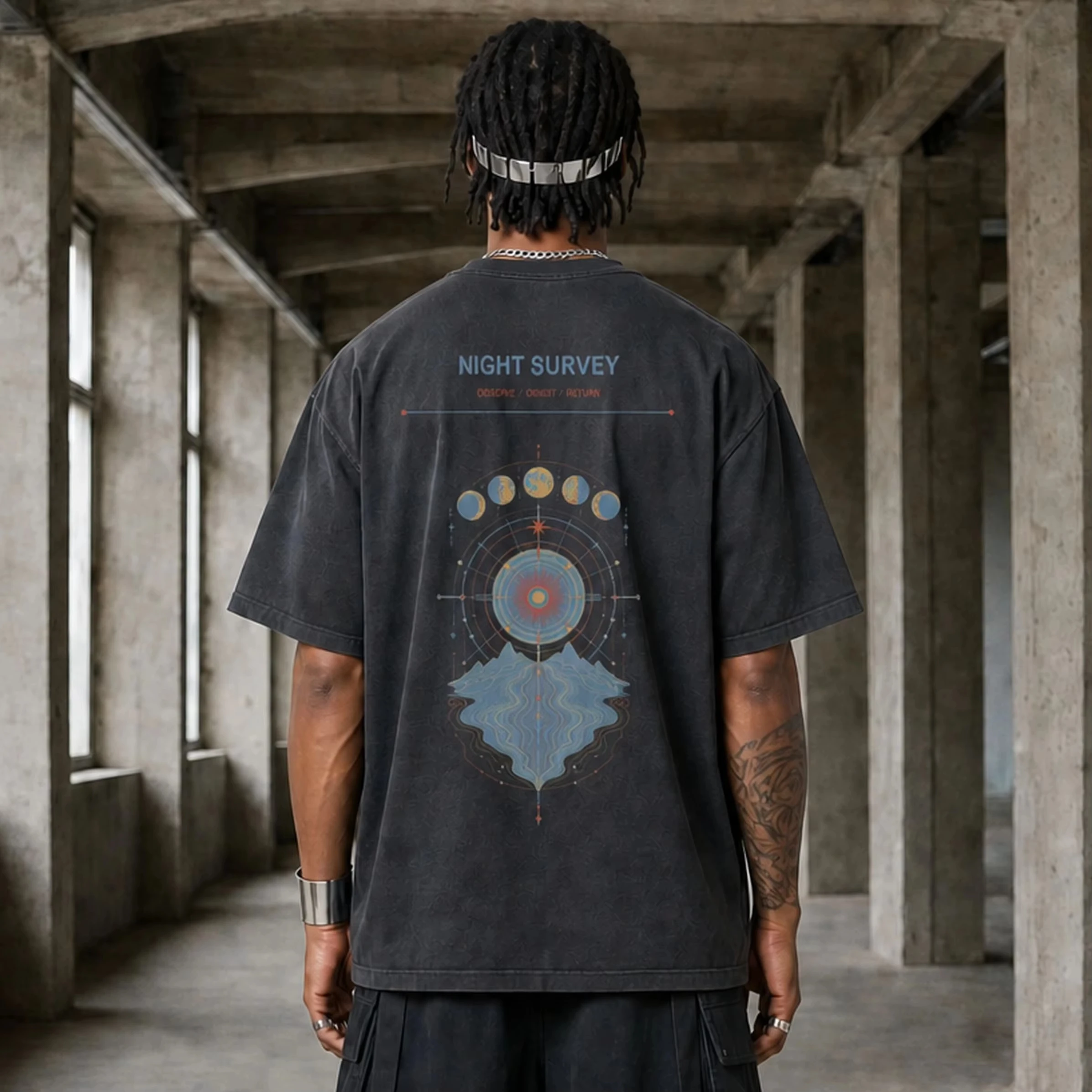 2026Men Night Survey Cosmic Star Map Graphic T Shirt Vintage Moon Phase Mountain Print Short Sleeve Unisex Casual Tee