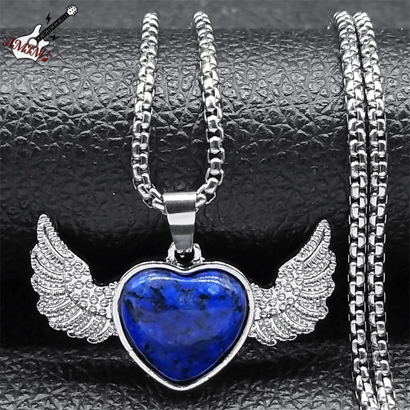 Y2k Sweet Love Heart Wing Alloy Pendant Necklace for Women Men Lazuli Stainless Steel Punk Chain Jewelry colar feminino NZZZ365