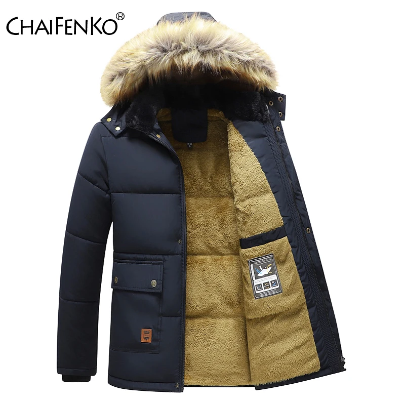 Mężczyźni 2025 Zima Nowy Wiatroodporny Polar Ciepła Gruba Kurtka Parka Płaszcz Mężczyźni Moda Kurtka z kapturem Futrzany kołnierz Klasyczna Casual Parka Mężczyźni