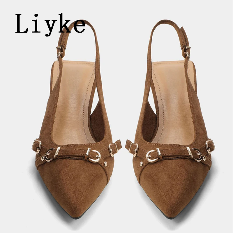 

Туфли-лодочки Liyke Street Style с ремешком на пряжке, женские, ретро, коричневые, с острым носком, на тонком высоком каблуке, для банкетов и вечеринок, с ремешком на пятке, сандалии
