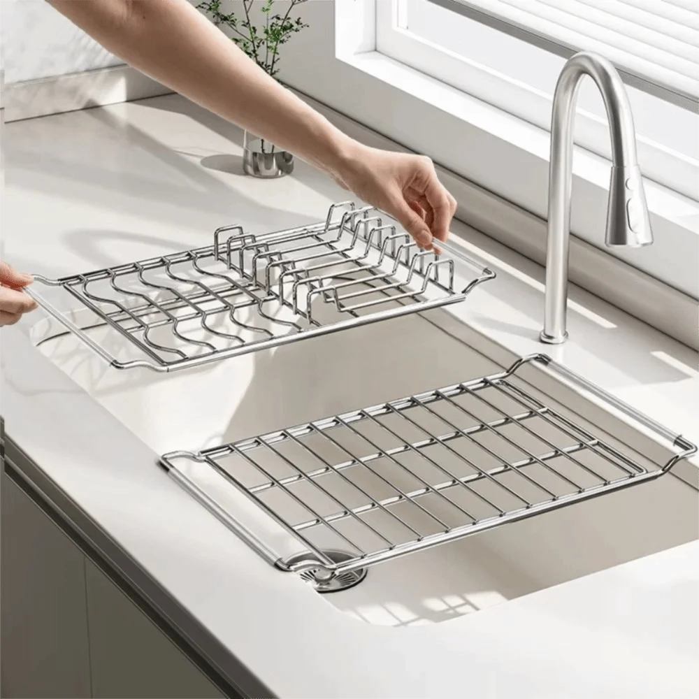 Stainless Steel Expandable Dish Rack Rustproof Adjustable Bowl Drain Shelf Multifunctional Fruit Drainer Kitchen Sink Organizer