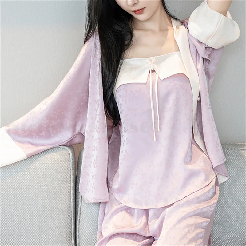 New Chinese Style Sleepwear Sexy Female 3PCS Pajamas Set Loungewear Trouser Suits Elegant Jacquard Satin Home Wear Lingerie