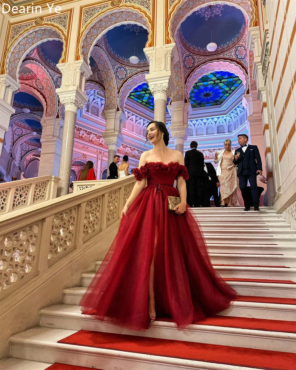 Customized Saudi Arabia Dearin Off-the-shoulder Ball Floor Length Skirts Layered Draped Tulle Applique Bespoke Occasion Dresses