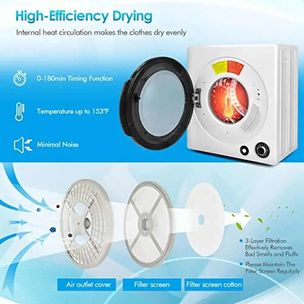 Electric Portable Clothes Dryer Stainless Steel Drum 13.2lbs Capacity 5 Drying Programs Exhaust Pipe Included