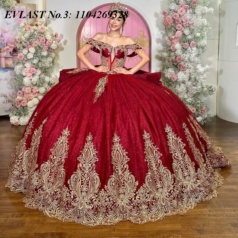 

EVLAST индивидуальное красное платье Quinceanera 2025 года, бальное платье с золотой кружевной аппликацией и бисером, бант, корсет Sweet 16, Vestidos De 15 Anos E3Q816