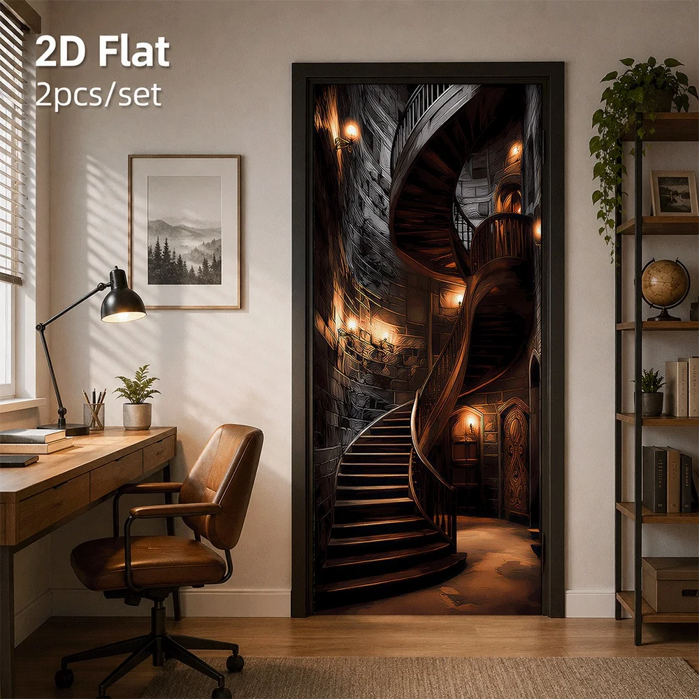 1 medieval castle spiral staircase door sticker creates a mysterious retro atmosphere 2D plan