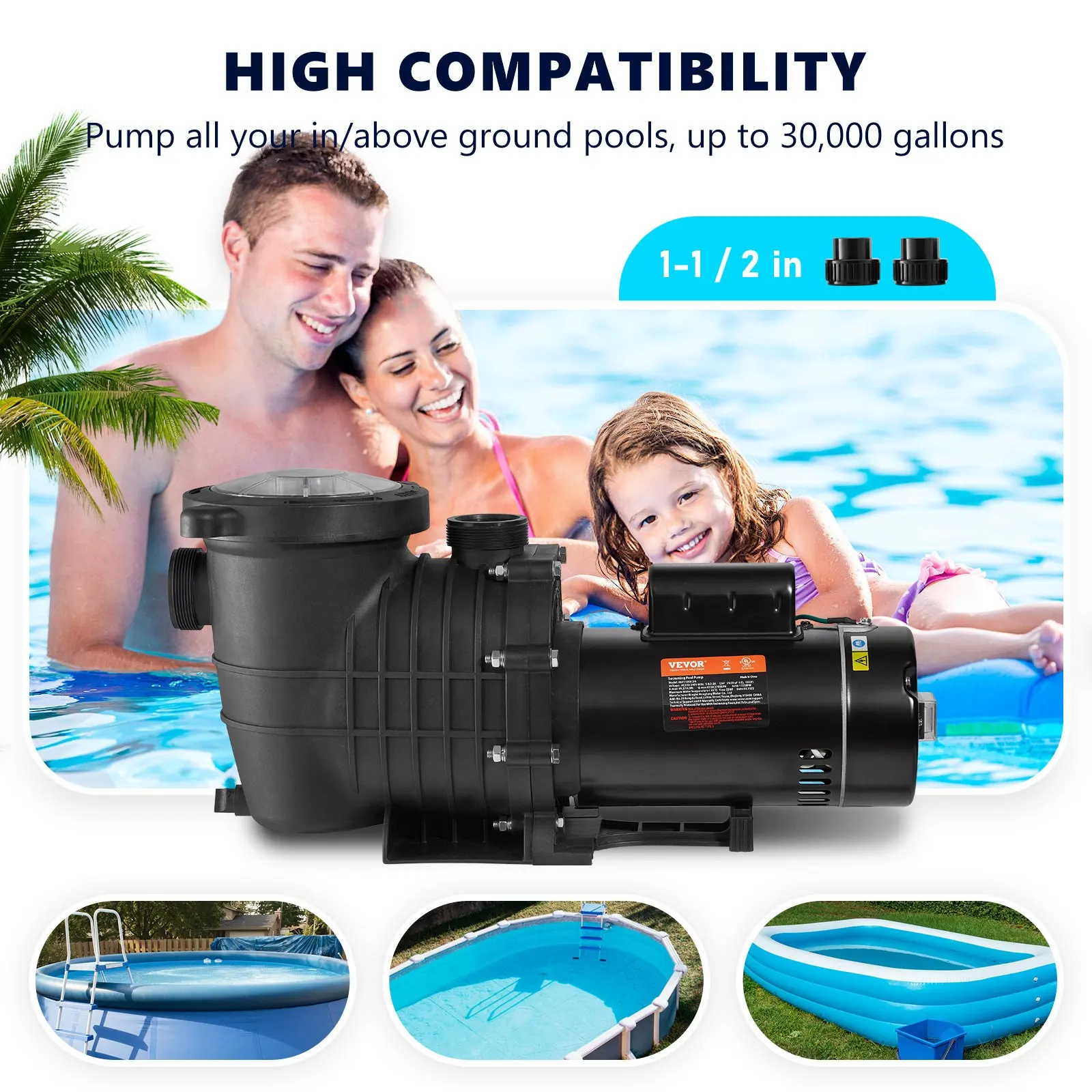 PoolPump 1.5HP 230V, pompe a doppia velocità variabile 1100W per piscina fuori terra, cestello filtro filtro, 5400 GPH max. Flusso, Energia