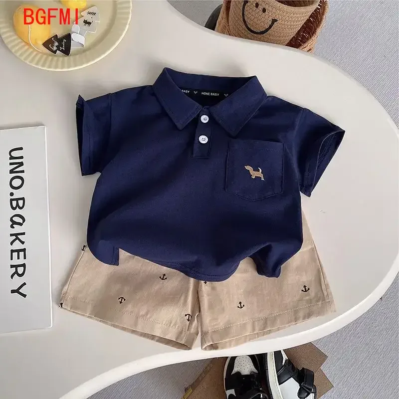 Conjunto de camisa Polo fina de verano para niños pequeños, camisa bordada de dibujos animados de manga corta para bebés + pantalones cortos informales completamente estampados, conjunto de 2 uds.