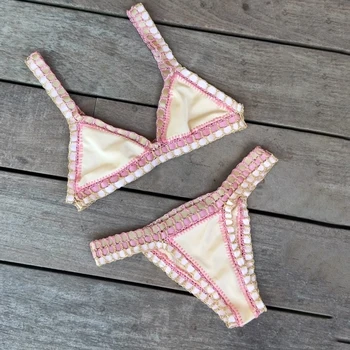 Pink Crochet Bikini 2025 Sexy Women Swimsuit Female Swimwear Micro Bikini Set Bandeau Swimming Suit Beachwear Brazilian Biquini