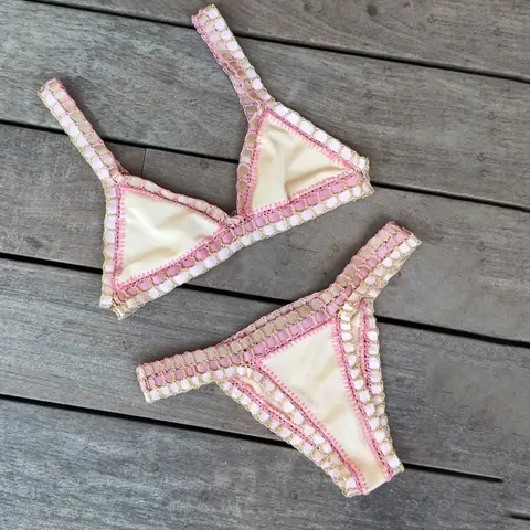 Pink Crochet Bikini 2025 Sexy Women Swimsuit Female Swimwear Micro Bikini Set Bandeau Swimming Suit Beachwear Brazilian Biquini