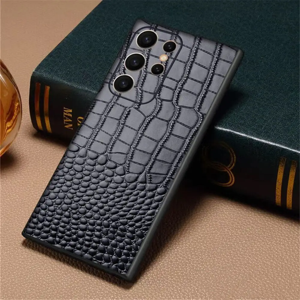 Genuine Leather Slim Case for Samsung Galaxy S26 Ultra S25 S24 S23 S22 Crocodile Business Back Cover
