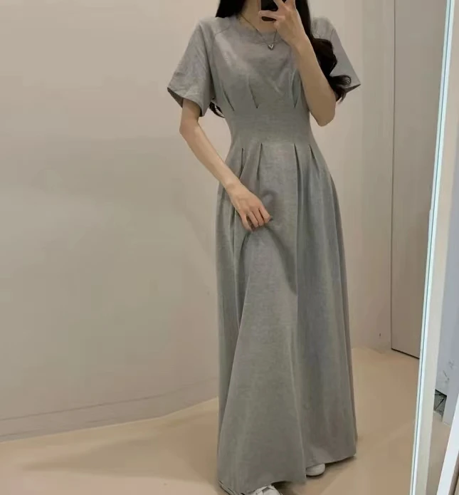 Chic rond Ne T-shirt Dr femme coupe ajustée jupe longue grande balançoire coton printemps été ort Sve trajet Sle Ele