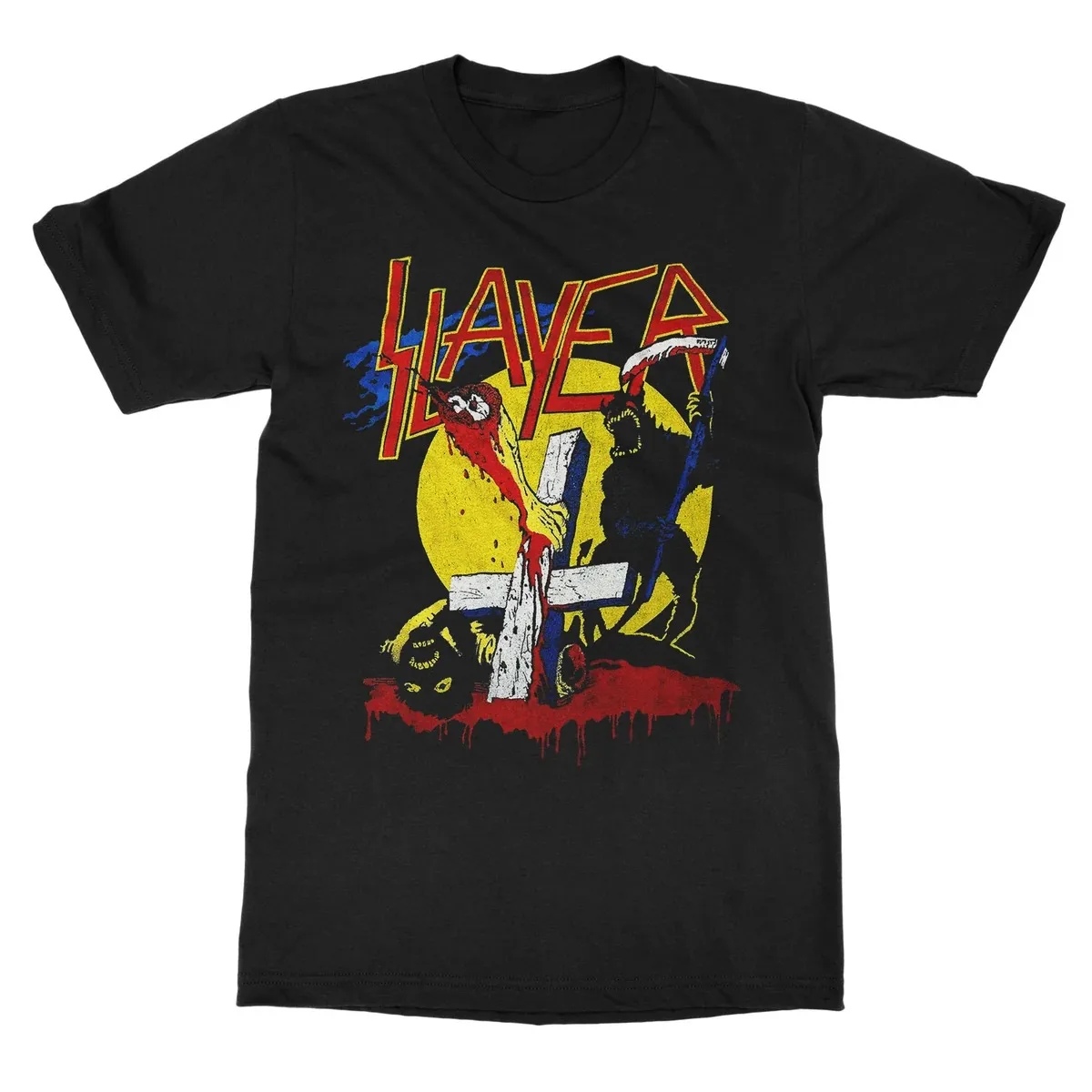 Slayer Retro Dark Demon Artwork Print T‑Shirt, Shows Striking Red‑yellow Border Band Logo Horrifying Grim Reaper Demon Cross