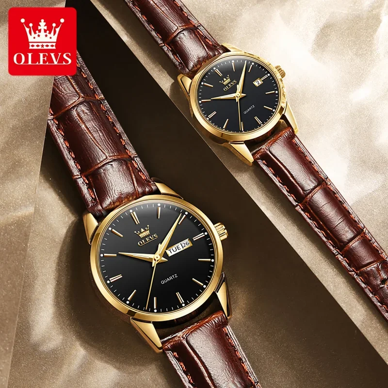 Olevs 6898 couple quartz watch luxury fashion waterproof luminous breathable leather strap elegant couple quartz watch