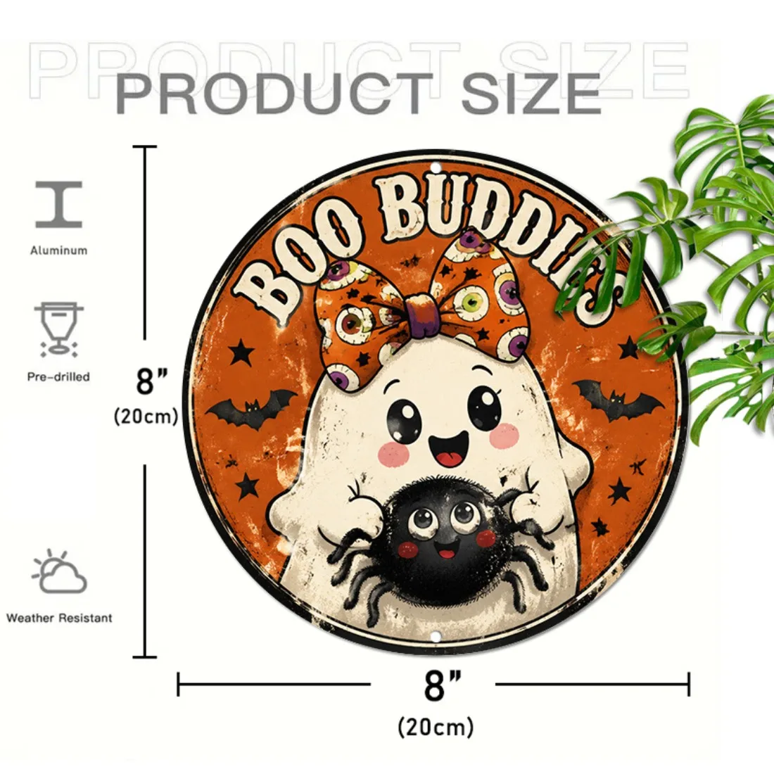 CIFBUY 1pc 2D Flat Cute Boo Buddies Round Metal Sign, 8x8 Inch(20x20cm), Halloween Ghost Spider Plaque