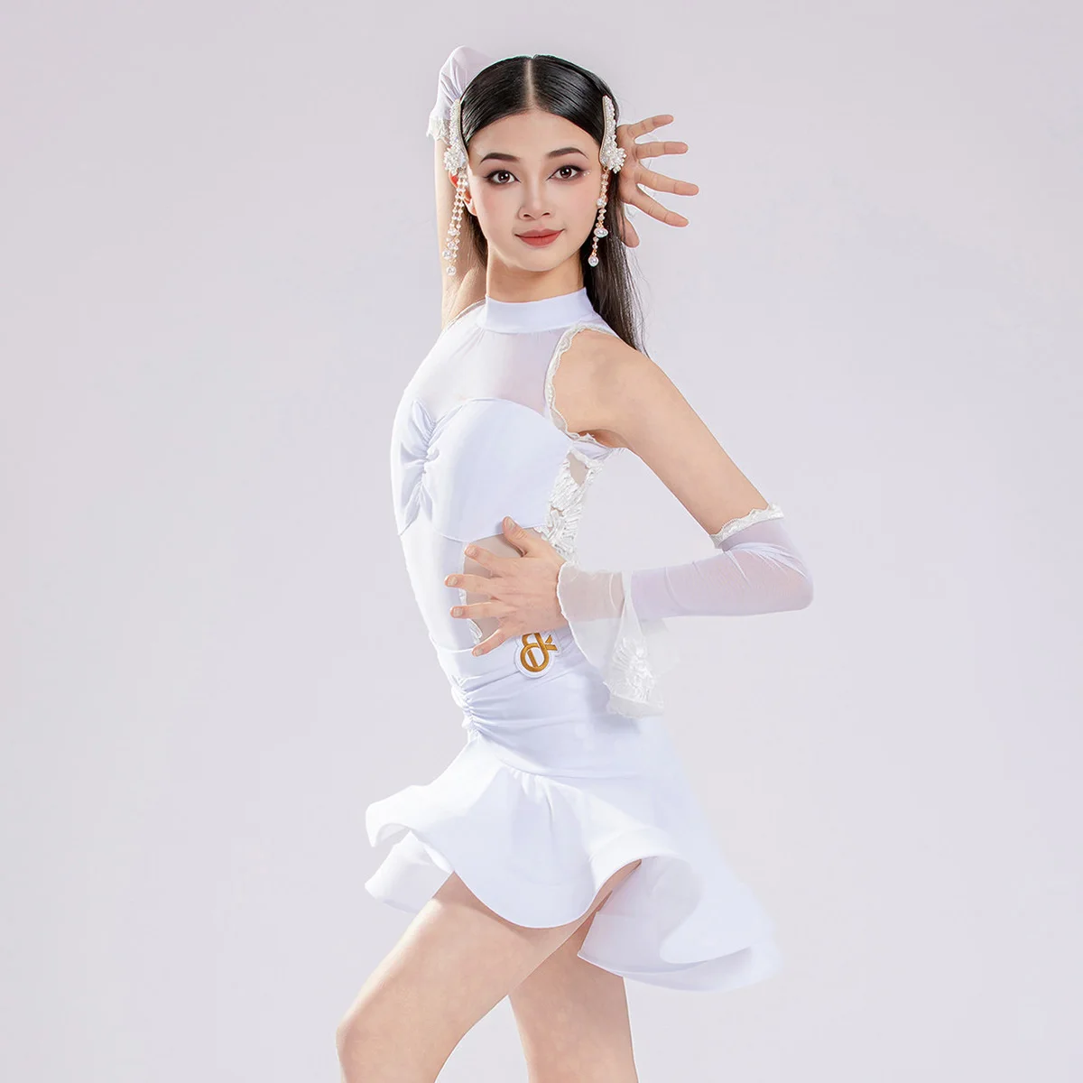 Children Girls Latin Dancewear Practice Mesh Sleeveless Bodysuit and Fishbone Large Skirt Women Rumba Dance Competition Costume