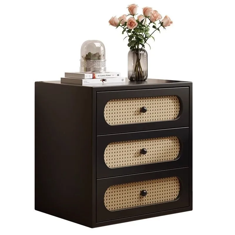 

Medieval rattan bedside table 2024 new small bedroom home solid wood bedside cabinet retro storage cabinet