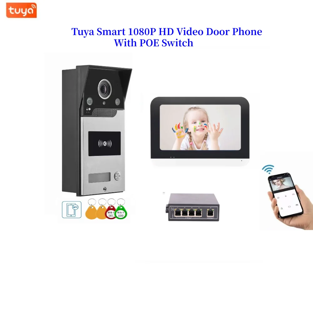 Tuya WIFI جرس باب يتضمن شاشة عرض فيديو مع POE التبديل بناء فيديو إنترفون 1080P HD شاشة تعمل باللمس فيديو باب الهاتف تتفاعل فتح مجموعة الكاميرا