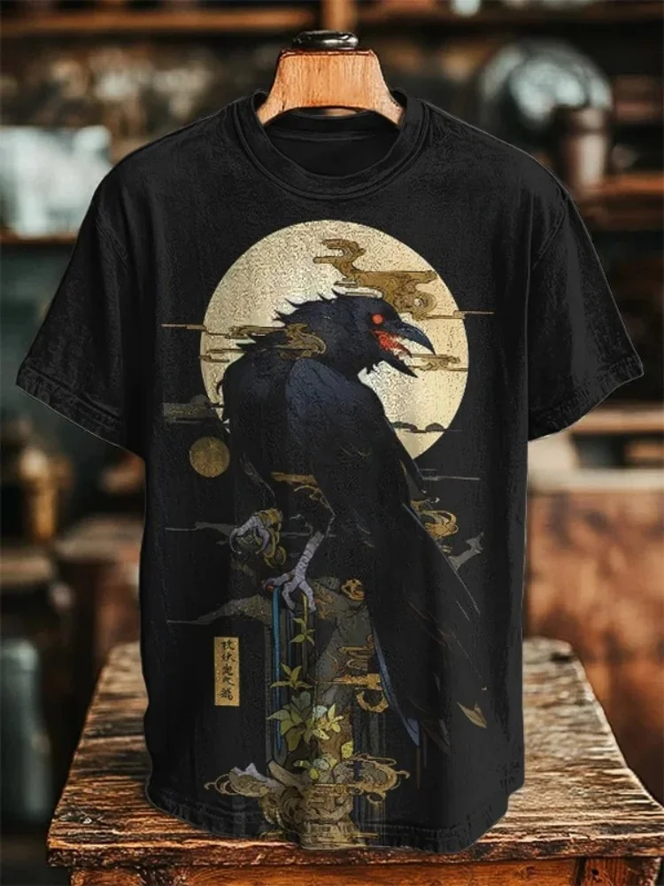 

Men's Dark Crow Japanese Illustration Print Casual T-Shirt Fashion Black Tees Short Sleeve Summer Retro Oldschool Wear Man Cloth