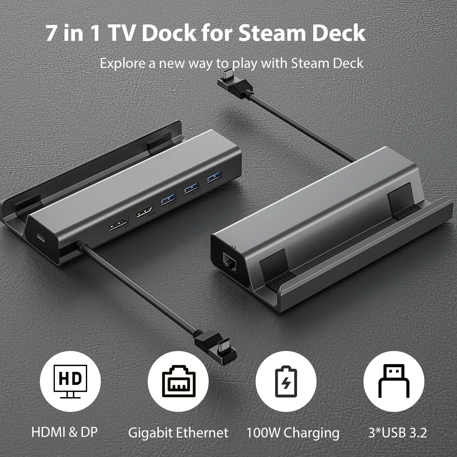 7 in 1 Docking Station for Steam Deck Dock Hub Aluminum USB C Ethernet DP Display Fast Charge