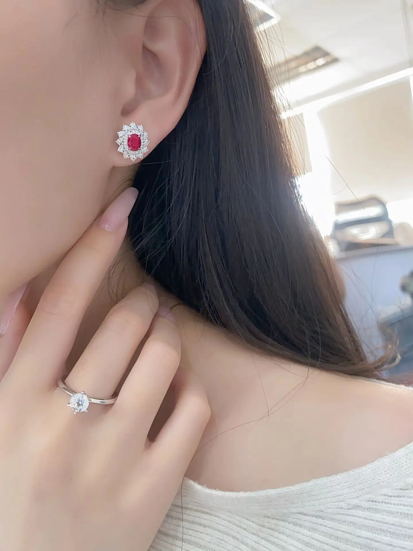 18K Gold, Lab-Grown Unheated Pigeon’s Blood Ruby (Oval) & Lab-Grown Diamond Earrings – Custom & Wholesale Jewelry