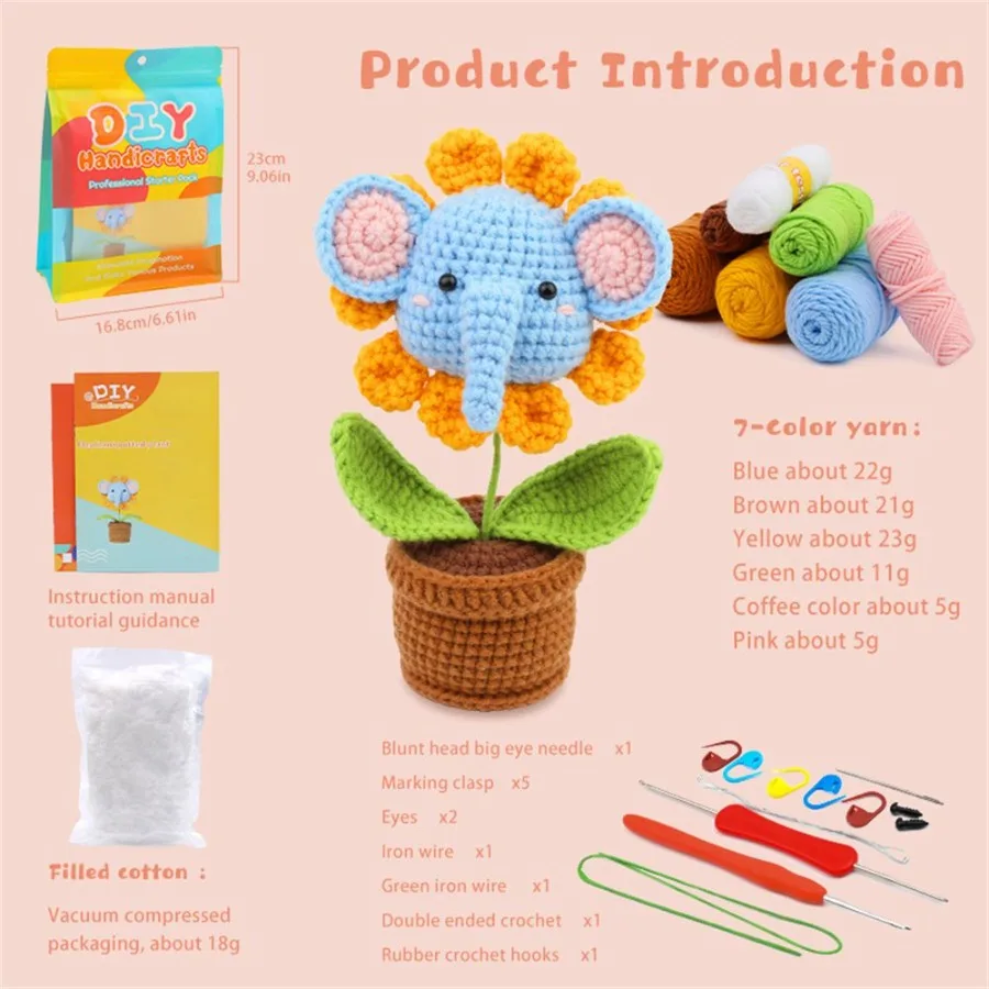 DIY Elephant Ornament Crochet Kit with Instruction Book Knitting Material Set for Handmade Craft. Unfinished Product Yarn and H