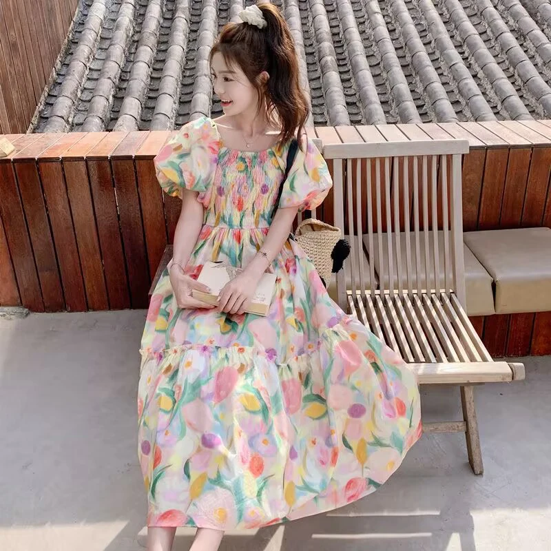 Vestido floral chique com estampa a-line feminino, um ombro, elegante, babados, feriado, roupa coreana, nova moda, C463