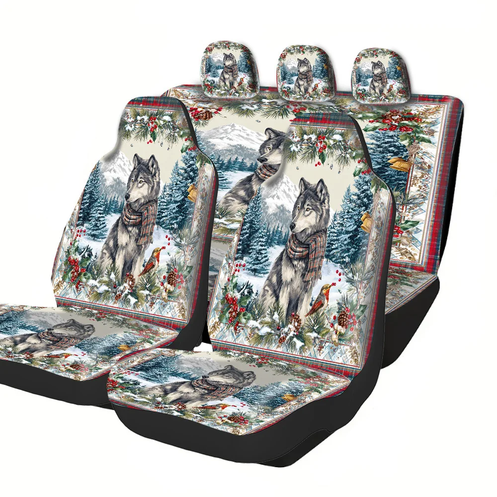 2-5 Seat Set Seat Covers, Premium Snow Scene Wolf Fit For Truck SUV Off-road Waterproof Halloween Christmas New Year Easter S