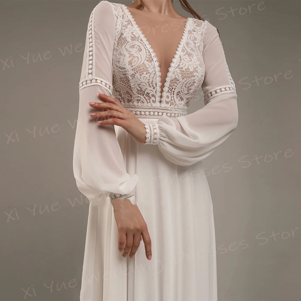 Simple Modern A Line Women's Wedding Dresses Classic V Neck Lace Appliques Bride Gowns Pretty Long Puff Sleeve Vestido De Noivas