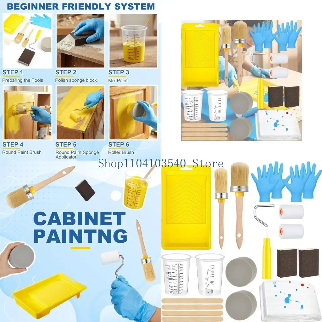 

02DC Professional Cabinet Painting Tool Set Of 21 Items With Natural Bristles Brushes Foam Rollers And Stir Sticks