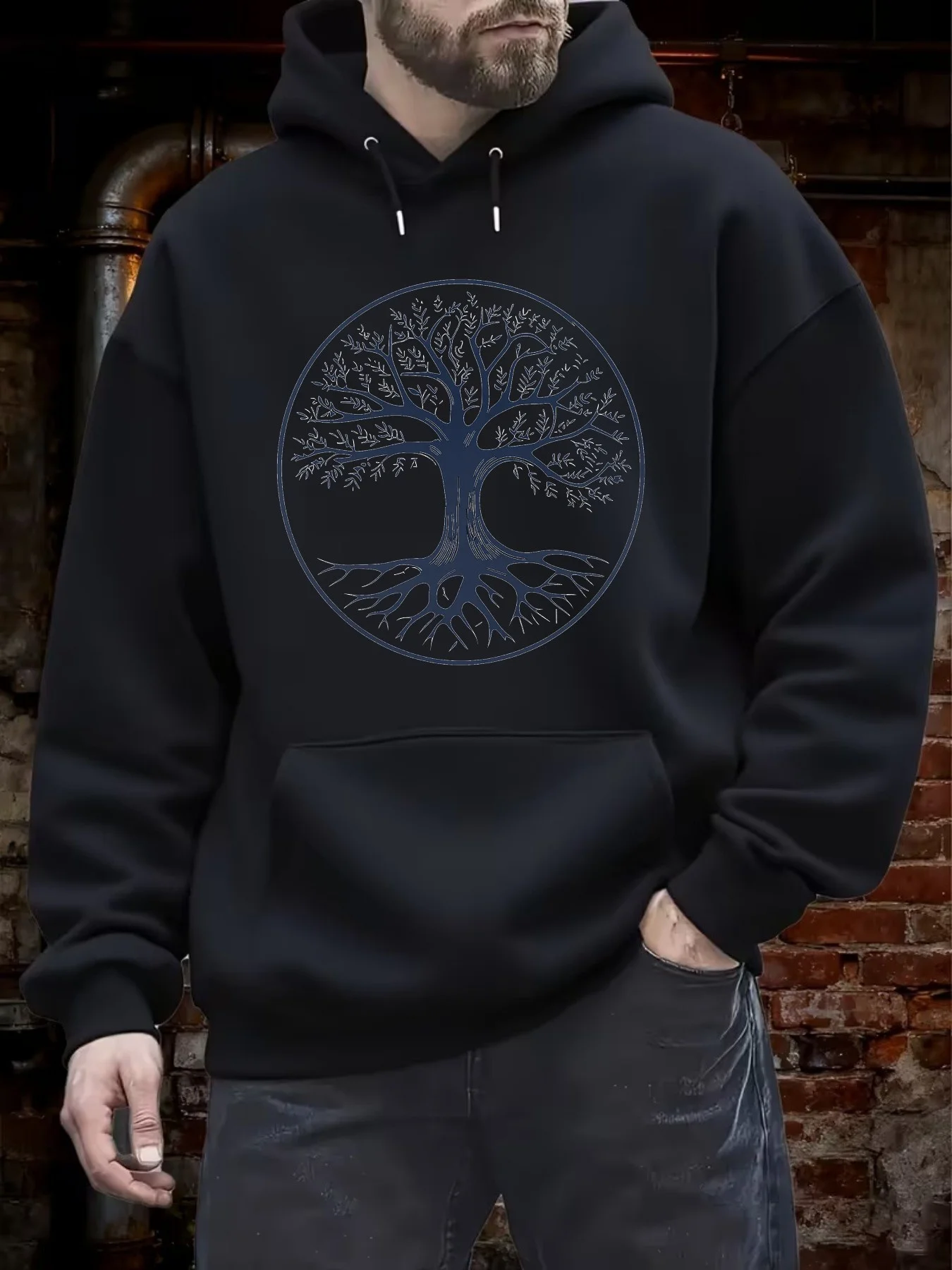 Men's Casual Versatile Style Fashion Hoodie with Unique Tree of Life Letter Print Casual Pullover with Kangaroo Pocket Stretch Fabric Machine Washable Perfect Choice for Spring And Aut