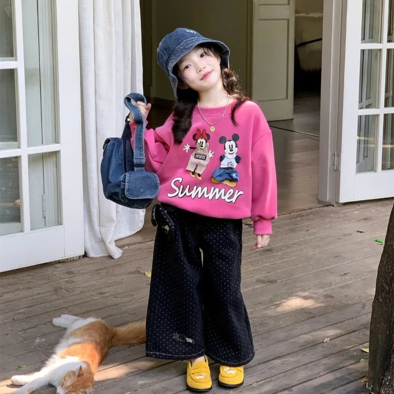 

2025 Girls Winter Set, Cartoon Fleece Hoodie & Polka Dot Jeans Thermal Outfit for Kids