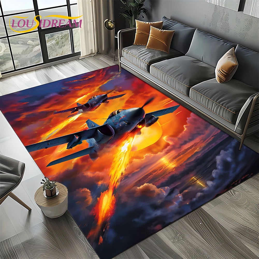 3D Space Spitfire Aircraft  Air Force Jet Fighter Cartoon Carpet Rug for Living Room Bedroom Sofa Decoration,Non-slip Floor Mat