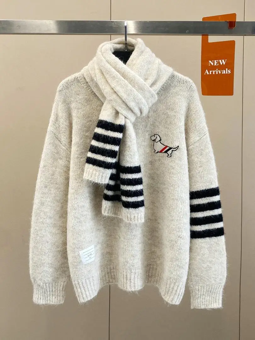 

Thombraden Design Knitted Sweater with Scarf Four Bar Embroidery Dog Lazy Style Versatile Four Bar Overhead Sweater