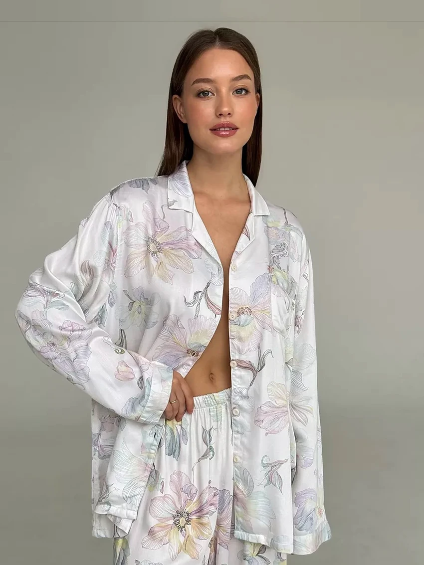 Marthaqiqi Casual Ladies Nightwear Set Long Sleeve Nightgowns Turn-Down Collar Sleepwear Pants Loose Printing Female Pajama Suit